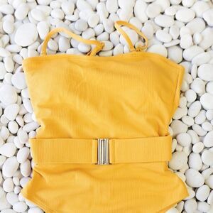 Ribbed Belted One Piece Swimsuit Bodysuit Yellow NWT